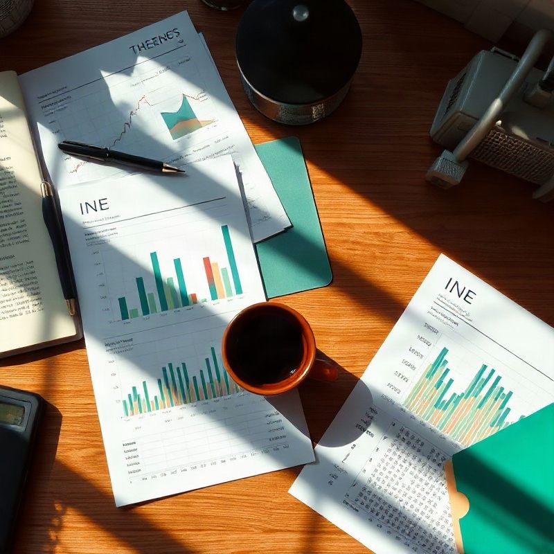 Escritorio de redacción con gráficos económicos impresos del INE